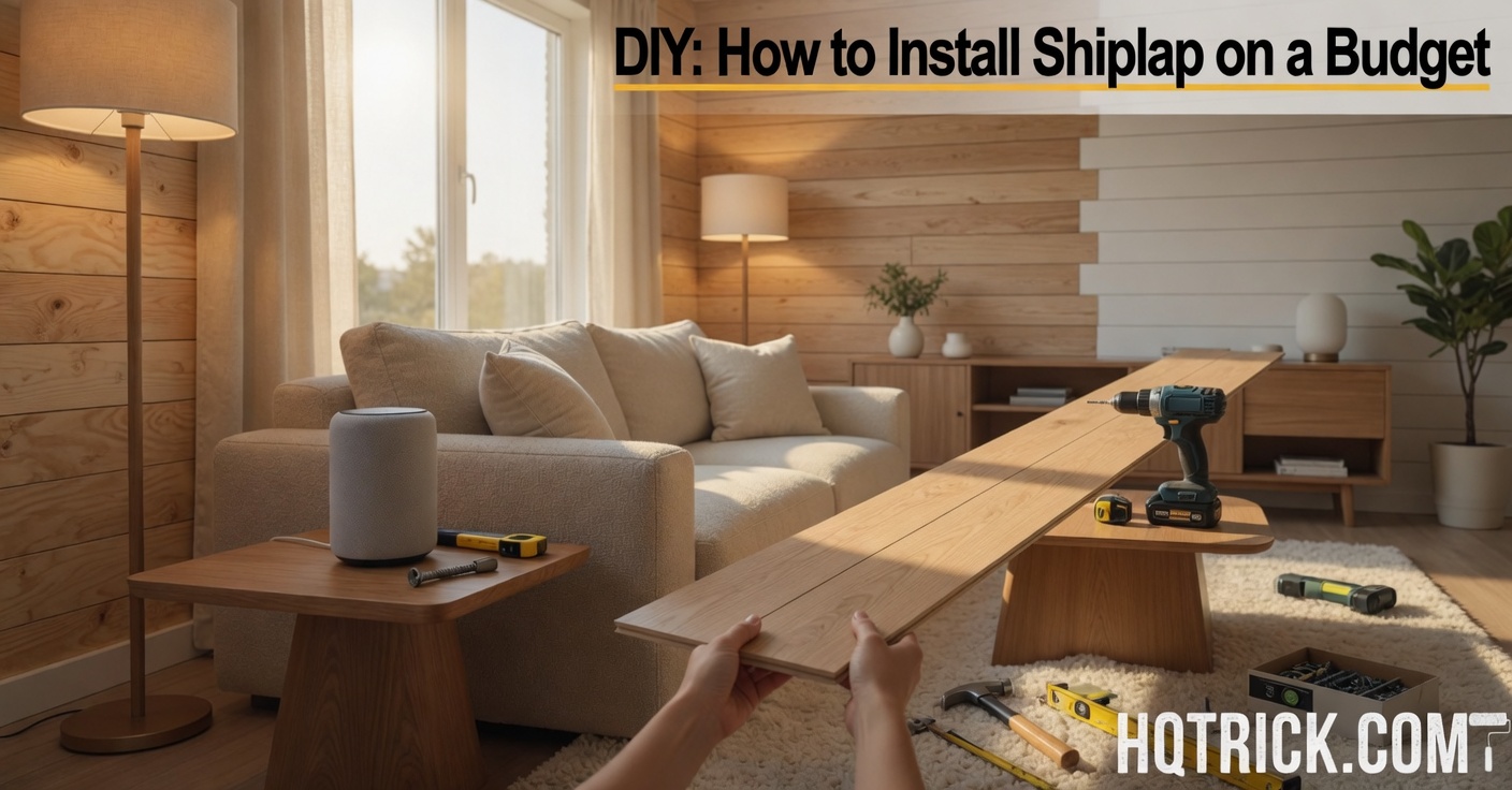 Hands installing wood shiplap wall