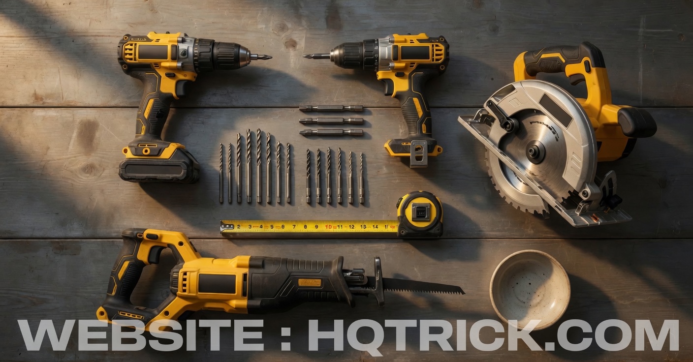 Organized tool workbench with cordless drill, impact driver, circular saw, and reciprocating saw