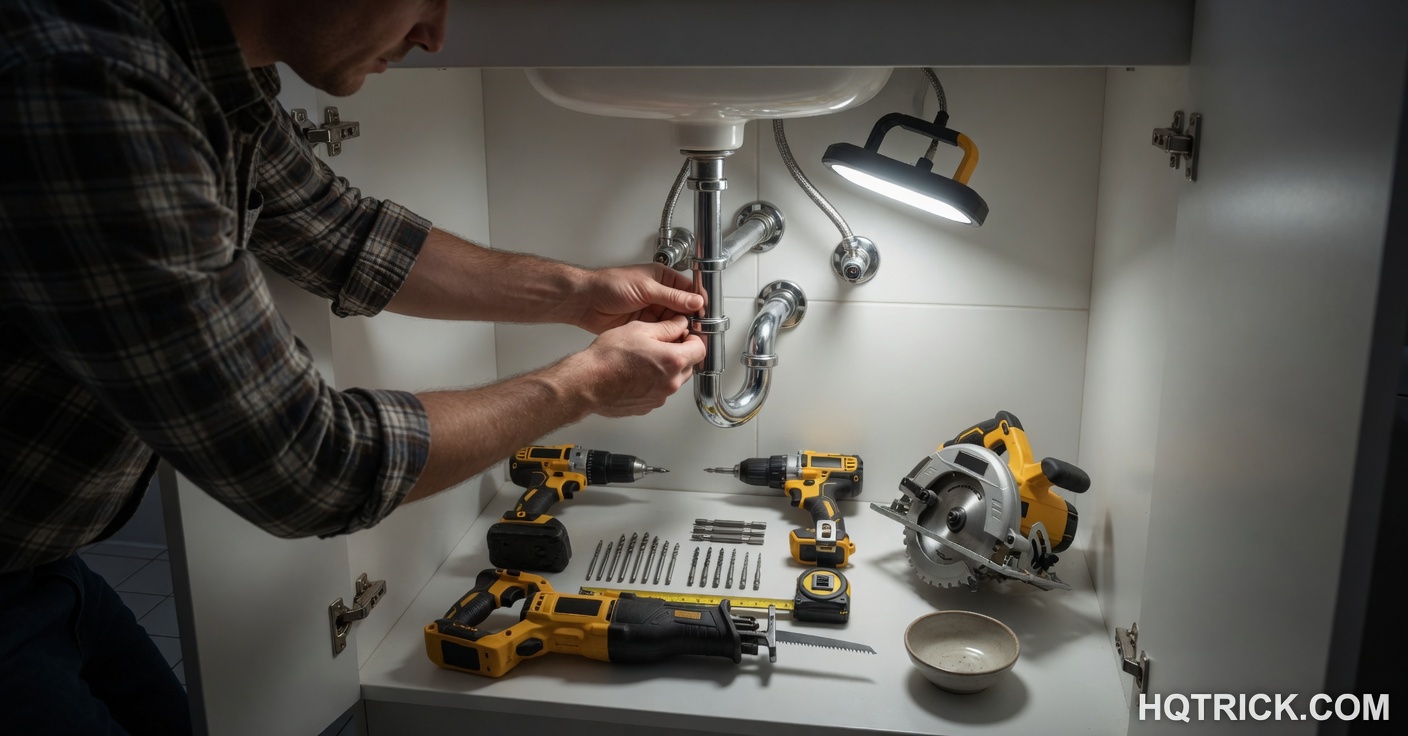 Person's hands replacing faucet washer under bathroom sink