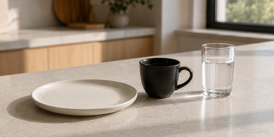 empty plate with coffee and water on kitchen counter