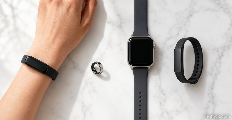 four fitness wearables on marble